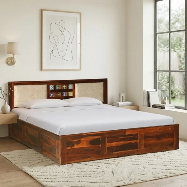 Solid wood bed with elegant headboard design