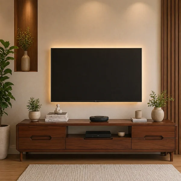 Luxury Walnut Finish TV Unit with Backlit Panel Design