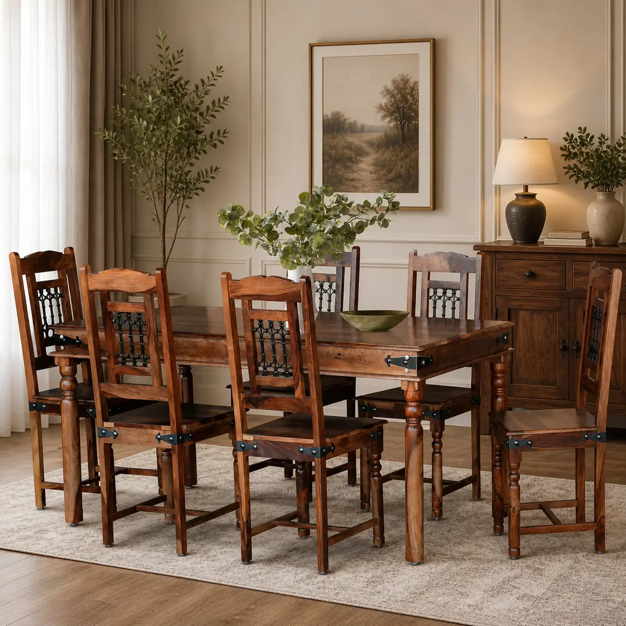 Luxury-Solid-Sheesham-Wood-Rustic-6-Seater-Dining-Table-Set-with-Iron-Detailing-7-1.webp Luxury Solid Sheesham Wood Rustic 6-Seater Dining Table Set with Iron Detailing - Image 1